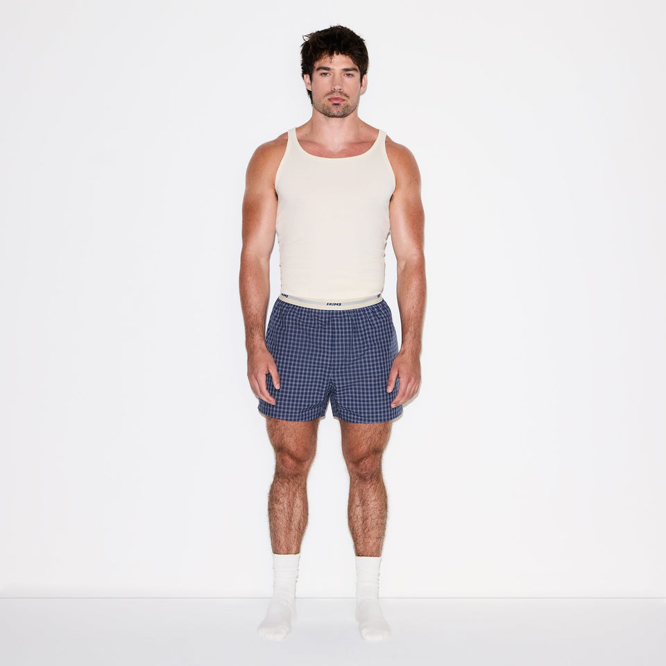 COTTON POPLIN MENS LOGO BAND BOXER | NAVY CHECK