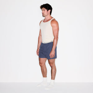 COTTON POPLIN MENS LOGO BAND BOXER | NAVY CHECK