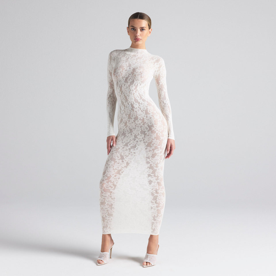 KNIT LACE MOCK NECK DRESS | IVORY