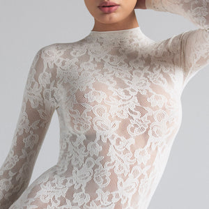 KNIT LACE MOCK NECK DRESS | IVORY