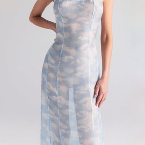 SKIMS ROMANCE LONG SLIP DRESS | BLUE QUARTZ CLOUD PRINT
