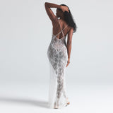 ULTRA FINE LACE LOW BACK LONG DRESS | MARBLE