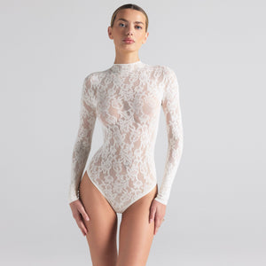 KNIT LACE MOCK NECK BODYSUIT | IVORY