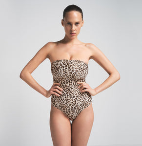 SIGNATURE SWIM STRAPLESS ONE PIECE | CHAMPAGNE LEOPARD PRINT