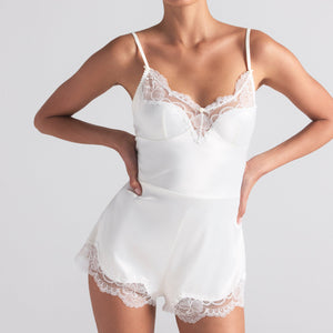 WOVEN SHINE LACE TEDDY | IVORY