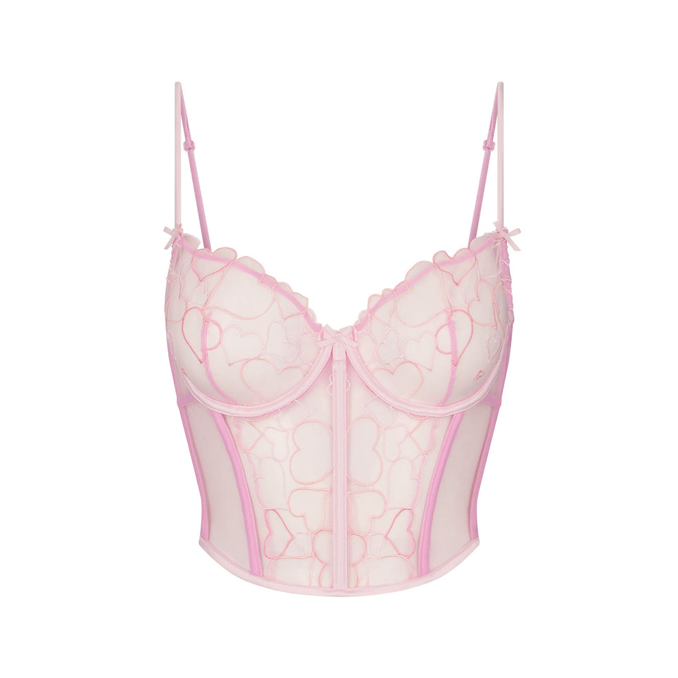EMBROIDERED TULLE CROPPED CORSET | BUBBLE GUM