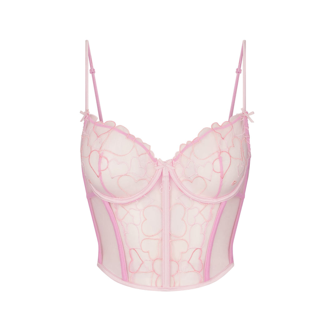 EMBROIDERED TULLE CROPPED CORSET | BUBBLE GUM