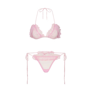 EMBROIDERED TULLE TIE BRALETTE AND THONG SET | BUBBLE GUM