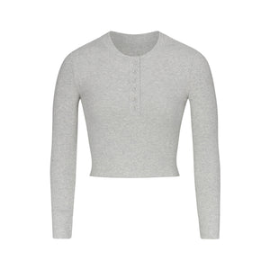 COTTON RIB LONG SLEEVE CROP HENLEY | LIGHT HEATHER GREY