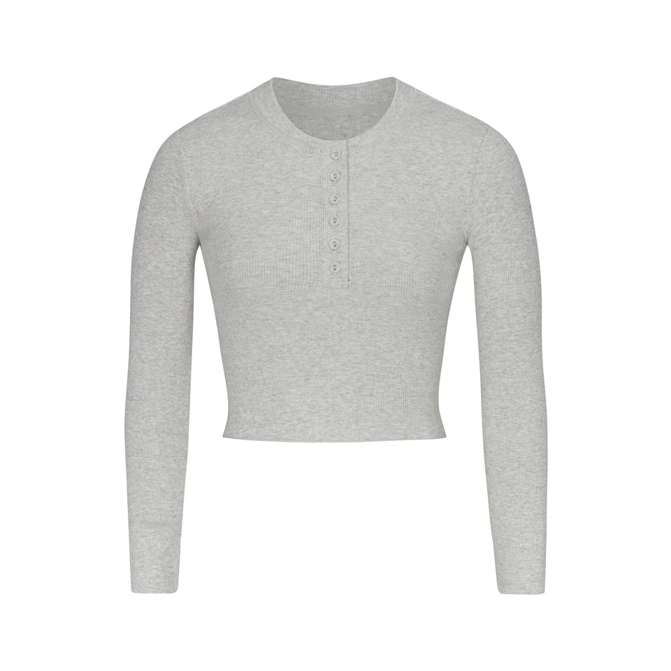 COTTON RIB LONG SLEEVE CROP HENLEY | LIGHT HEATHER GREY
