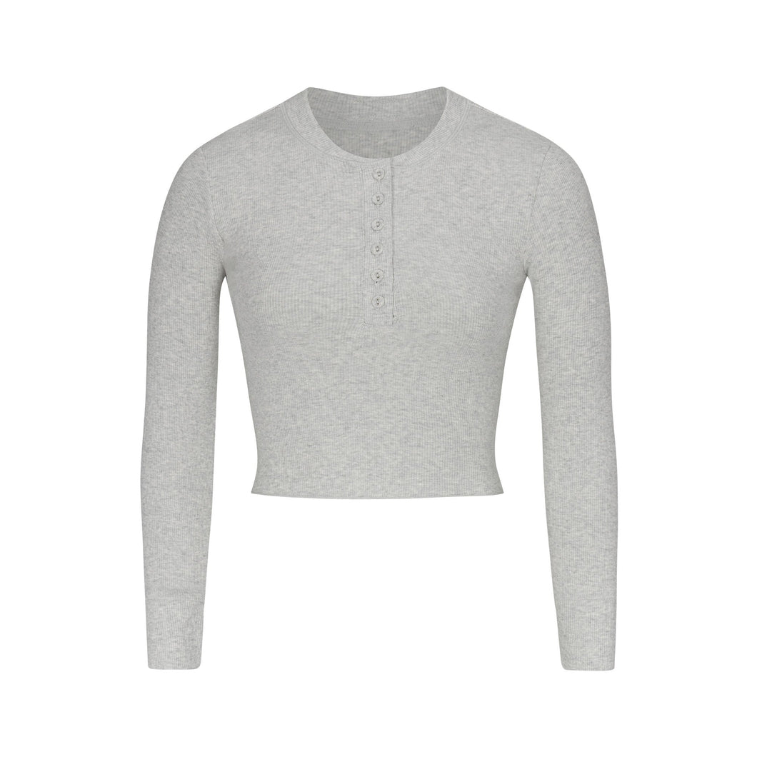 COTTON RIB LONG SLEEVE CROP HENLEY | LIGHT HEATHER GREY