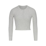 COTTON RIB LONG SLEEVE CROP HENLEY | LIGHT HEATHER GREY
