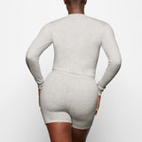 COTTON RIB LONG SLEEVE CROP HENLEY | LIGHT HEATHER GREY