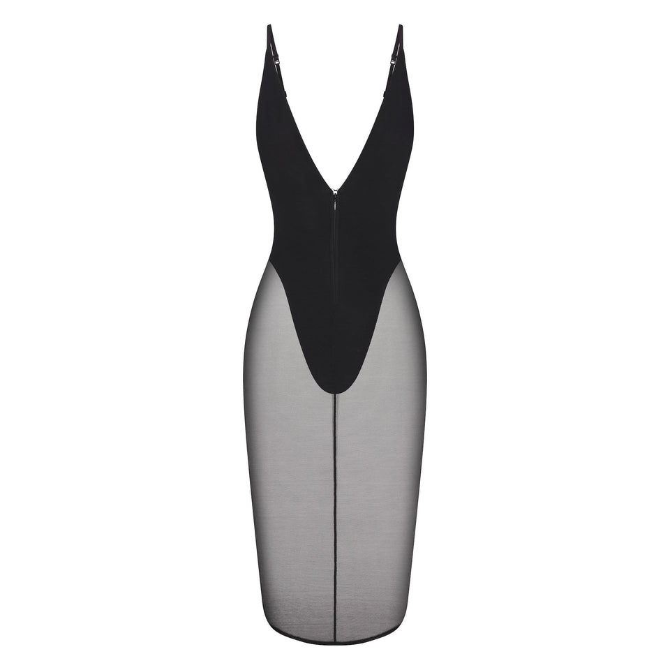 SKIMS BODY MESH PLUNGE MIDI DRESS | ONYX