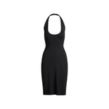 SMOOTH LAYERS PLUNGE HALTER MIDI DRESS | OBSIDIAN