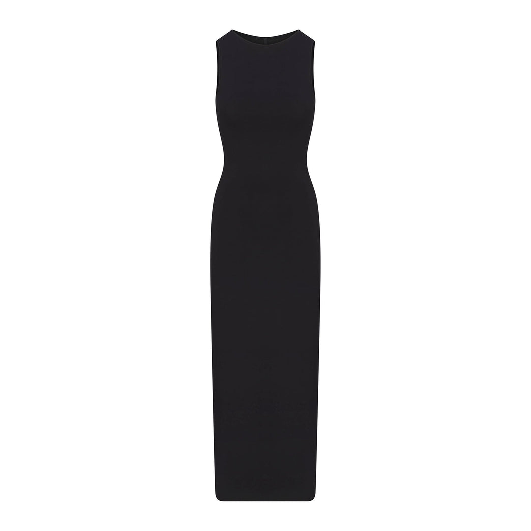 SMOOTH LAYERS LONG BOAT NECK DRESS | OBSIDIAN