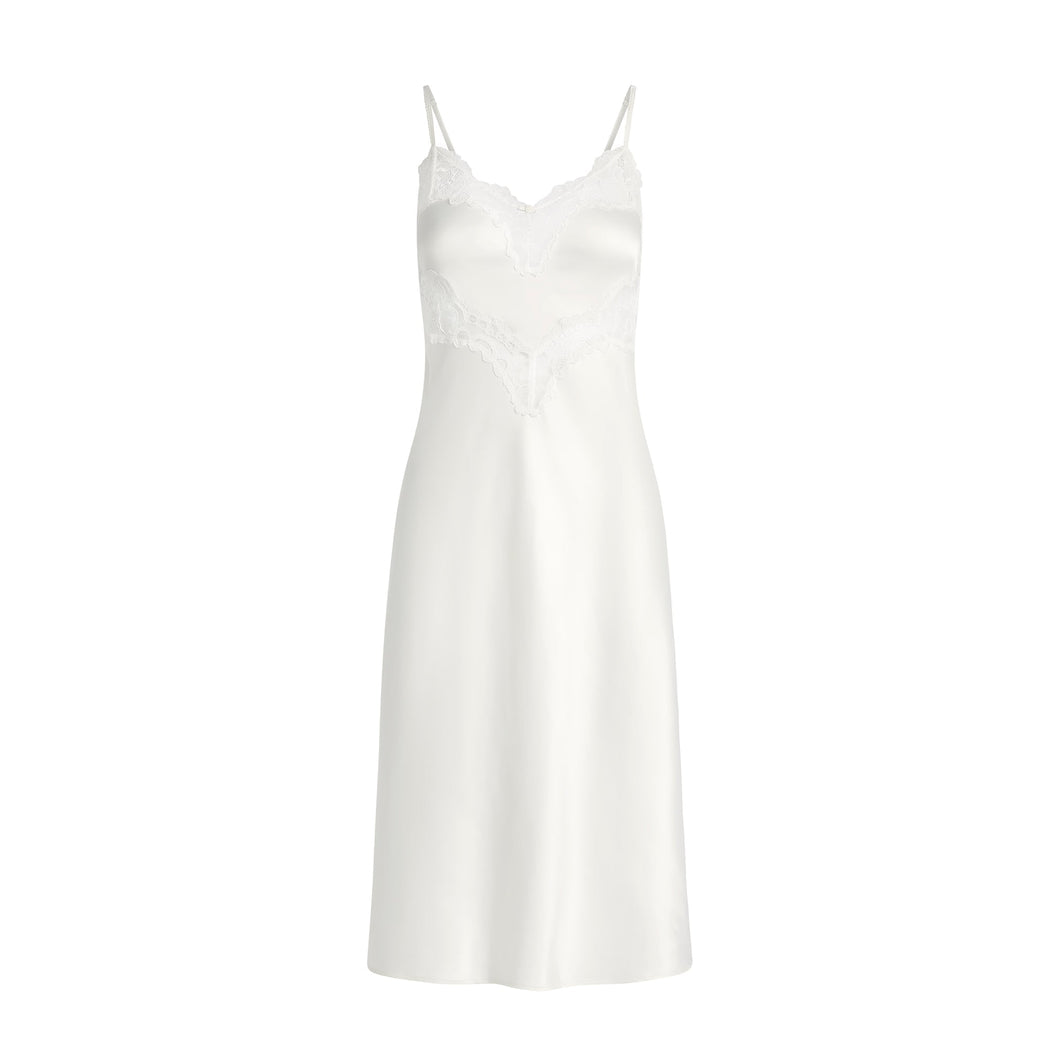 WOVEN SHINE LACE MIDI SLIP DRESS | IVORY