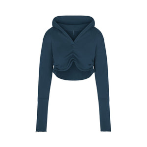 FRENCH TERRY SHOULDER PAD CROPPED HOODIE | INDIGO