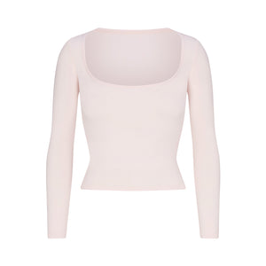 COTTON JERSEY SCOOP NECK LONG SLEEVE TOP | BARELY PINK