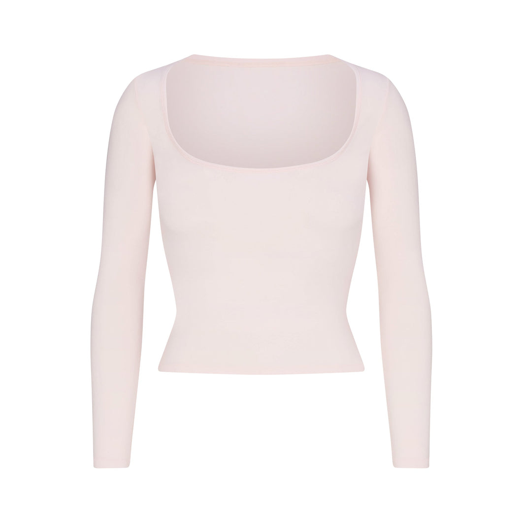 COTTON JERSEY SCOOP NECK LONG SLEEVE TOP | BARELY PINK
