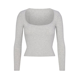 COTTON JERSEY SCOOP NECK LONG SLEEVE TOP | LIGHT HEATHER GREY