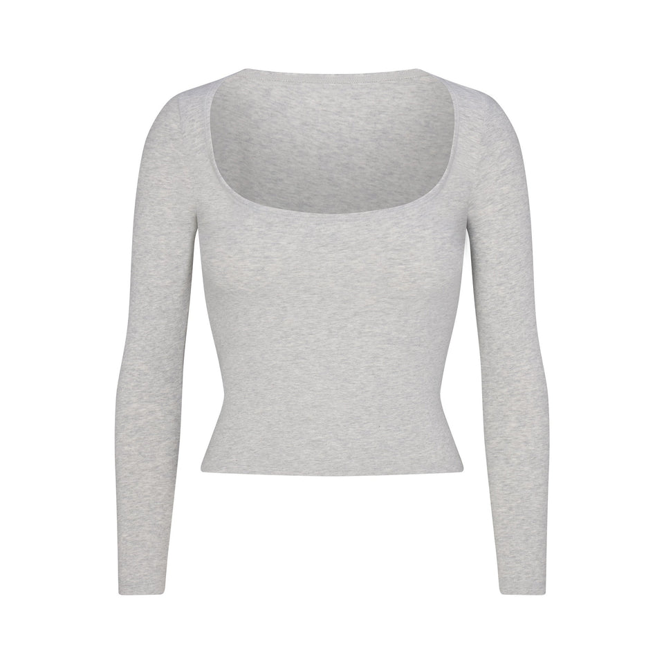 COTTON JERSEY SCOOP NECK LONG SLEEVE TOP | LIGHT HEATHER GREY
