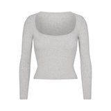 COTTON JERSEY SCOOP NECK LONG SLEEVE TOP | LIGHT HEATHER GREY