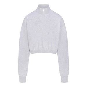 COTTON FLEECE CROPPED HALF ZIP PULLOVER | LIGHT HEATHER GREY