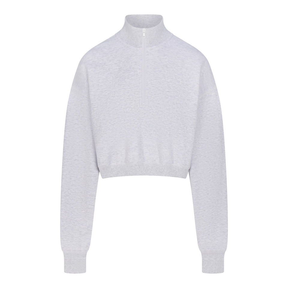 COTTON FLEECE CROPPED HALF ZIP PULLOVER | LIGHT HEATHER GREY