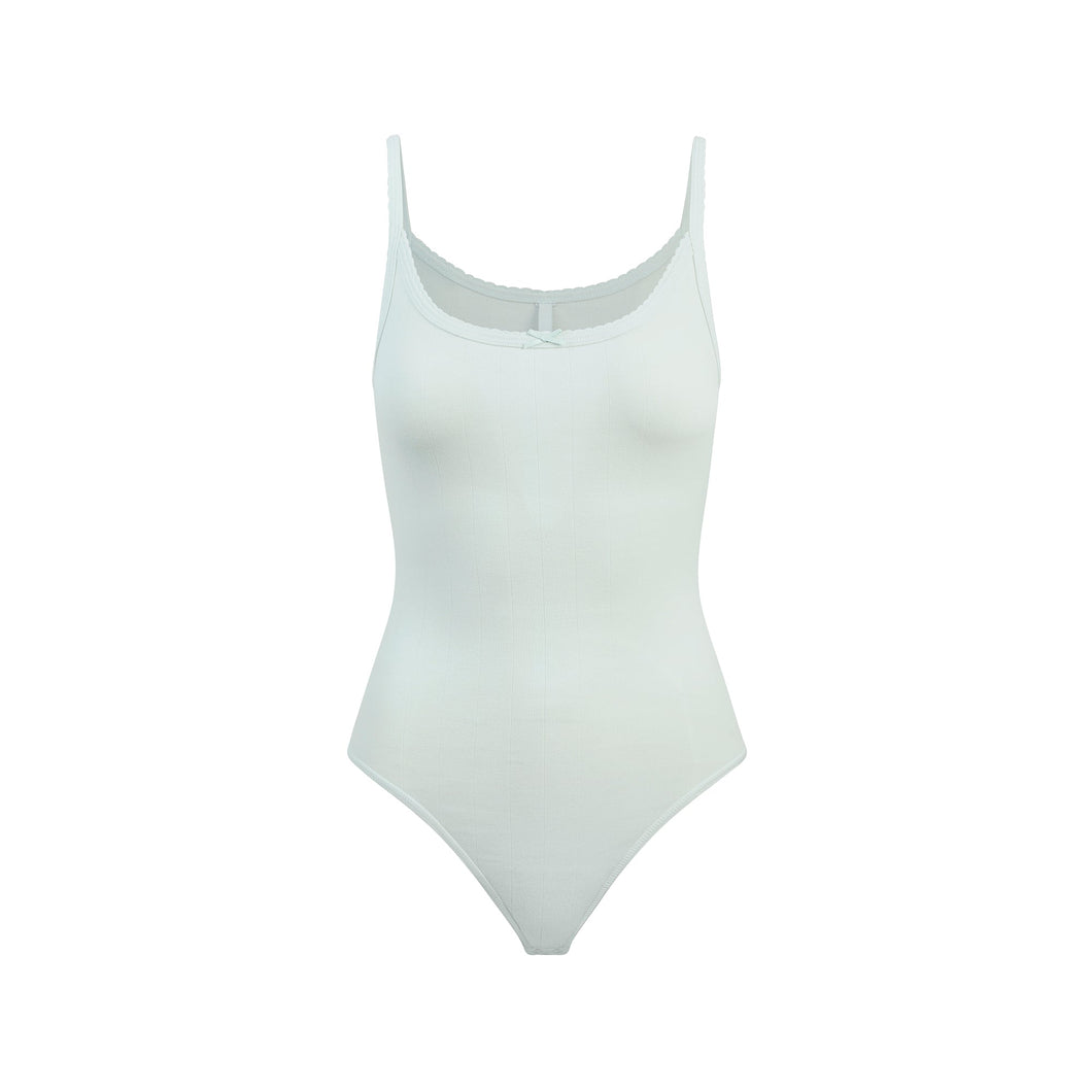 DROP NEEDLE POINTELLE CAMI BODYSUIT | FROST