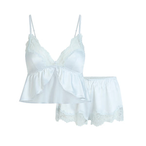 WOVEN SHINE LACE BABYDOLL AND SHORT SET | CLOUD