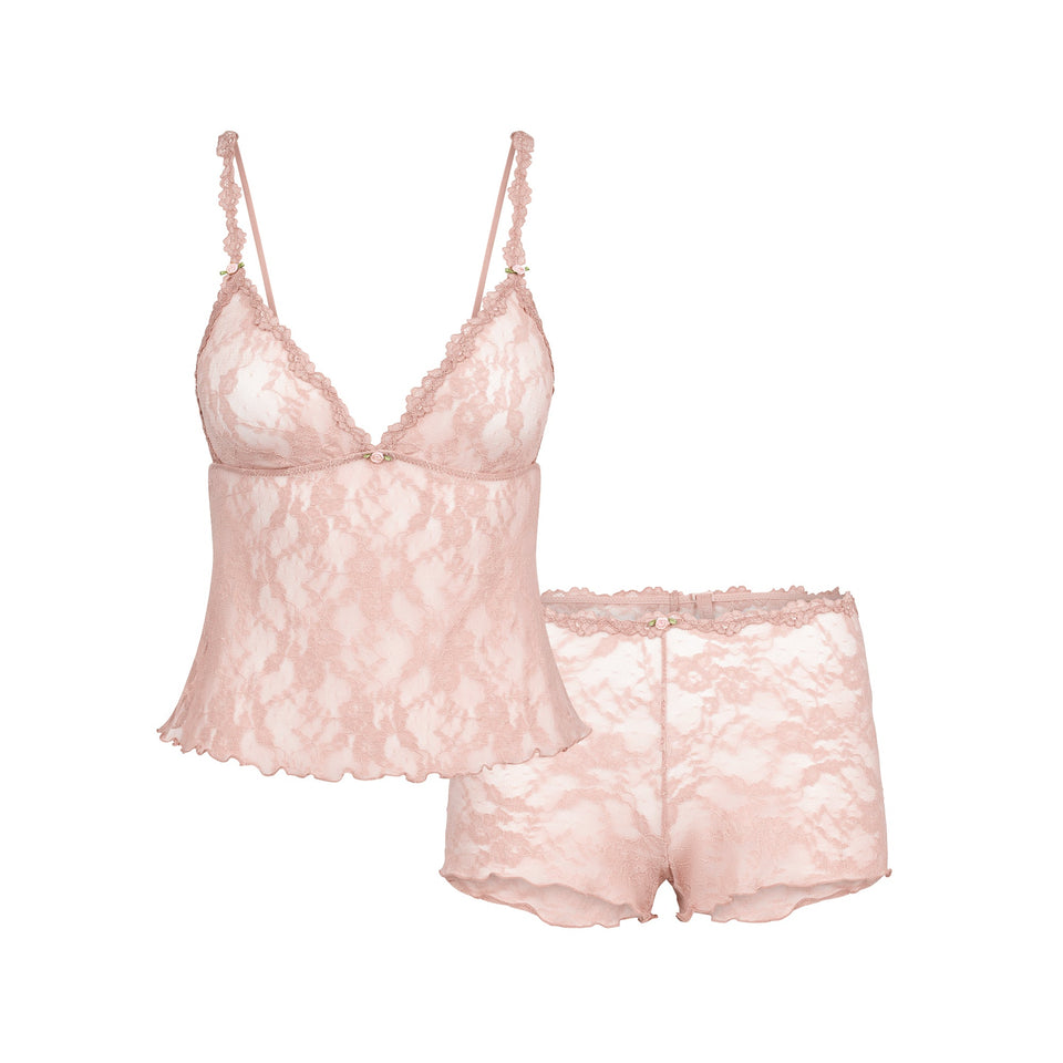 STRETCH LACE TRIANGLE CAMI AND SHORT SET | MORGANITE
