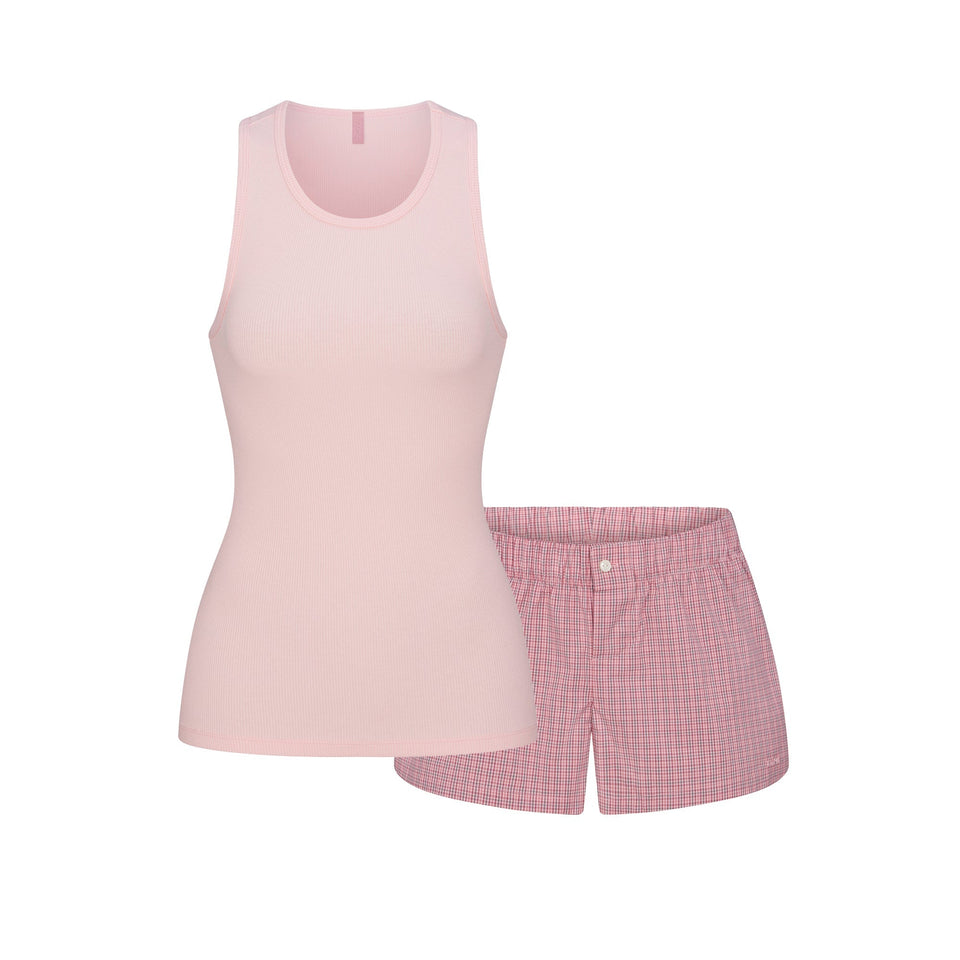 COTTON POPLIN BOXER SLEEP SET | BERRY CHECK