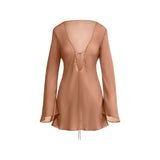 SHEER COVER-UPS LONG SLEEVE MINI DRESS | CHESTNUT