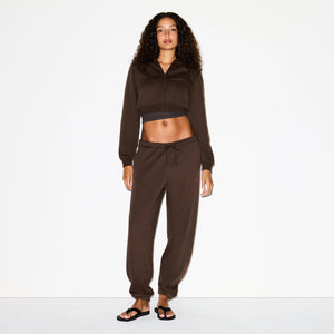 COTTON FLEECE CROPPED ZIP UP HOODIE | DARK SEPIA