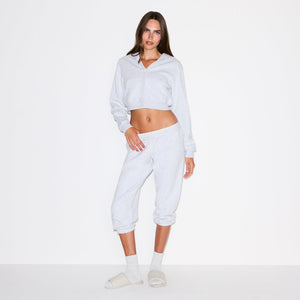 COTTON FLEECE CROPPED ZIP UP HOODIE | LIGHT HEATHER GREY